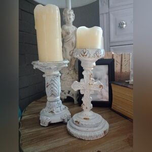 Vintage Distressed White Candle Holders, 2 Battery Operated Melted Candles